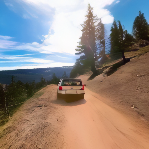 a white SUV driving down a dirt road in a forested mountain valley